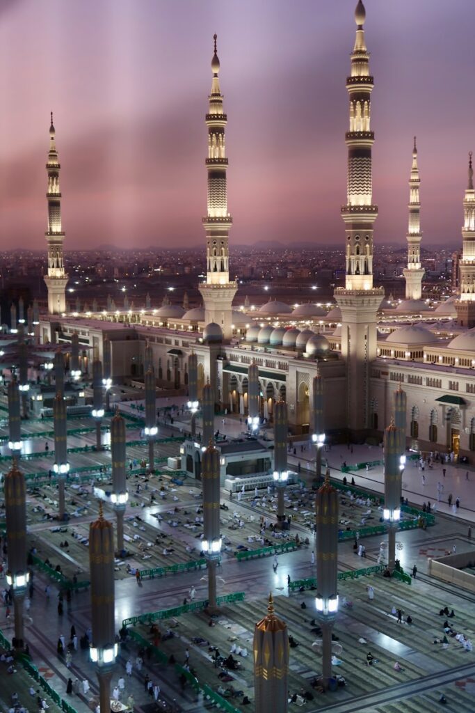 An aerial view of a city at night